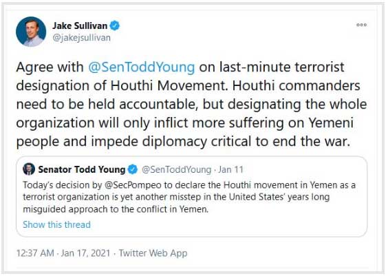 مخالفت گزینه مشاور امنیت ملی بایدن با تروریستی اعلام کردن انصارالله یمن