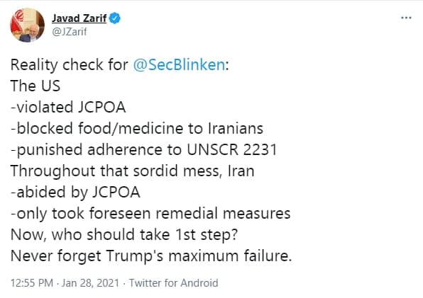 ظریف به همتای آمریکایی: شکست حداکثری ترامپ را از یاد نبرید