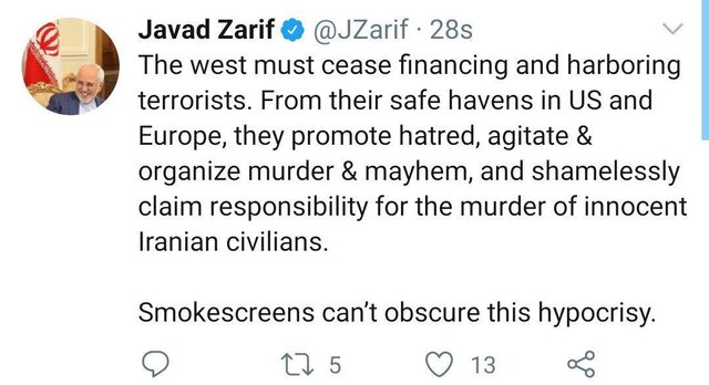 ظریف: غرب باید از حمایت مالی و پناه دادن به تروریستها دست بکشد ظریف: غرب باید از حمایت مالی و پناه دادن به تروریستها دست بکشد