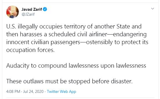 واکنش ظریف به مزاحمت جنگنده‌های آمریکایی: قانون‌شکنان باید متوقف شوند