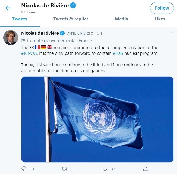 فرانسه: تحریمهای سازمان ملل علیه ایران بازنگشته است فرانسه: تحریمهای سازمان ملل علیه ایران بازنگشته است