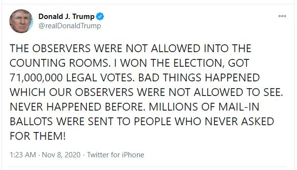 ترامپ: من با ۷۱ میلیون رأی قانونی،‌ پیروز انتخابات شدم!