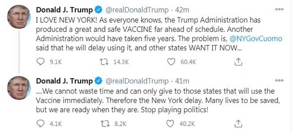 ترامپ: واکسن کرونا را با تاخیر به نیویورک می‌دهیم (+عکس)