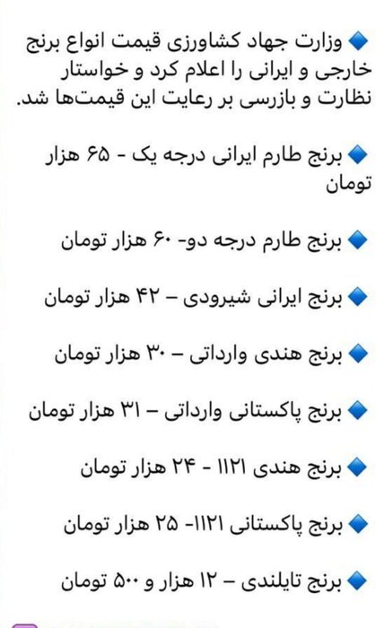 قیمت مصوب انواع برنج ایرانی و خارجی اعلام شد