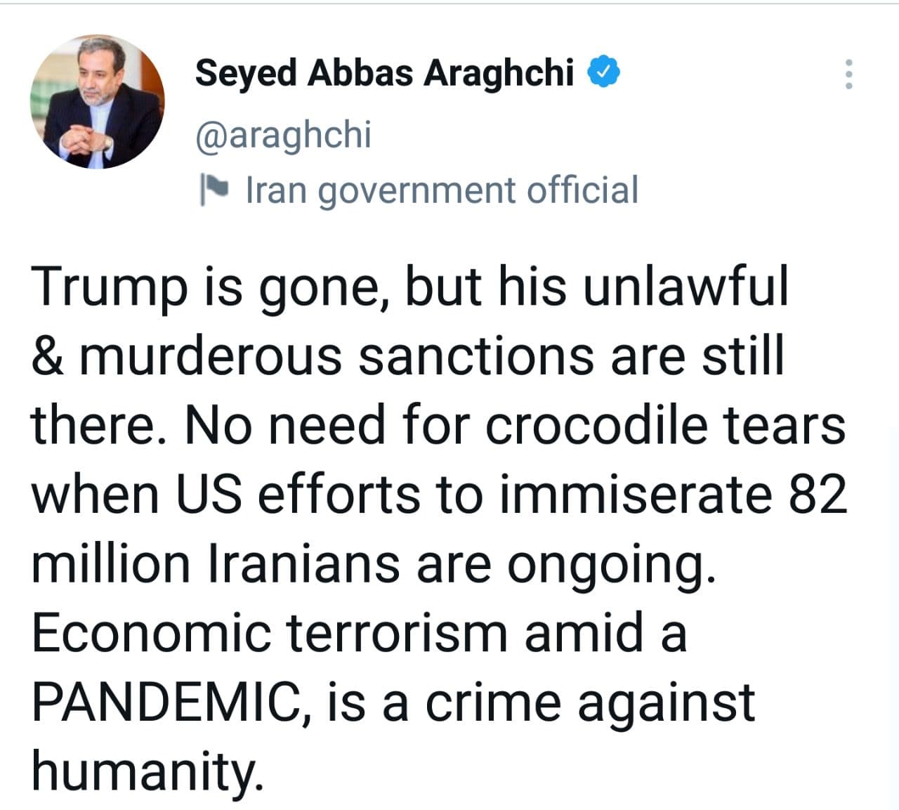 تروریسم اقتصادی، آن هم در بحبوحه بیماری کرونا، جنایت علیه بشریت است تروریسم اقتصادی، آن هم در بحبوحه بیماری کرونا، جنایت علیه بشریت است