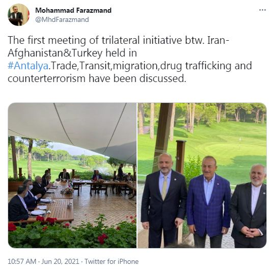 تأکید ظریف، چاووش اوغلو و اتمر بر مشارکت فعال در روند صلح افغانستان و مبارزه با تروریسم