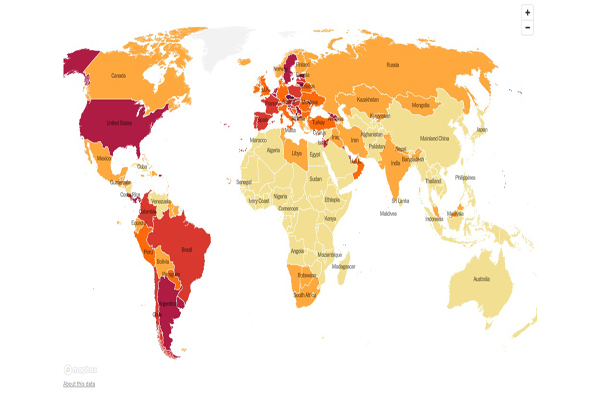 آخرین وضعیت جهانی کرونا (رنگ بندی کشورها)