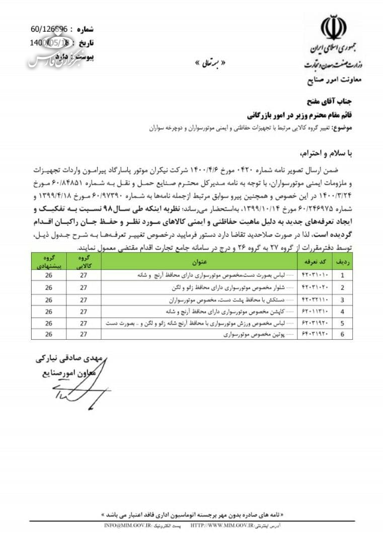 نامه مقام مسئول وزارت صمت برای واردات لباس موتورسواری در روزهای آخر دولت + سند