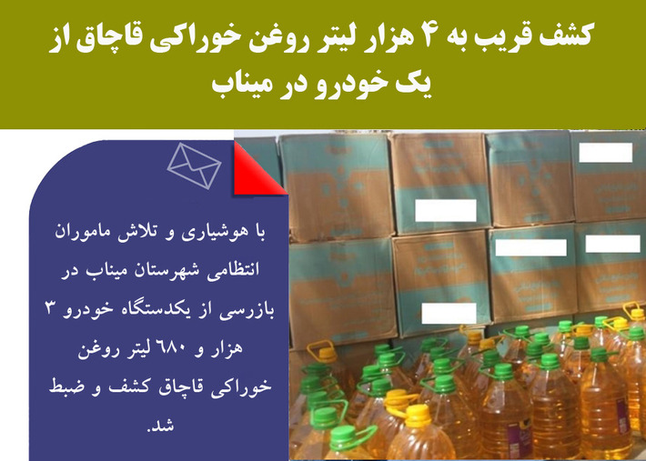 کشف قریب به 4 هزار لیتر روغن خوراکی قاچاق از یک خودرو در میناب