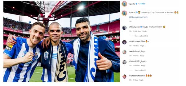 تمجید کاپیتان پورتو از مهاجم ایران: قهرمان به فارسی یعنی طارمی!