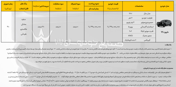 شرایط فروش خودرو دایون Y5 اعلام شد شرایط فروش خودرو دایون Y5 اعلام شد