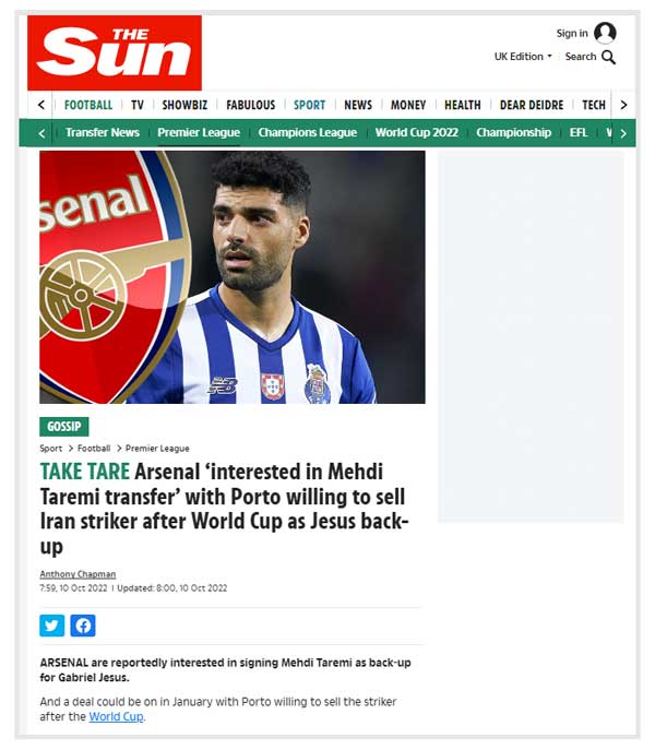 افشاگری سان از علت علاقه آرسنال به طارمی