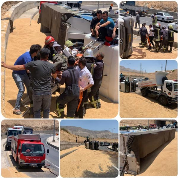 عکس | واژگونی تریلر حمل گندم در محور شیراز ـ خرامه عکس | واژگونی تریلر حمل گندم در محور شیراز ـ خرامه