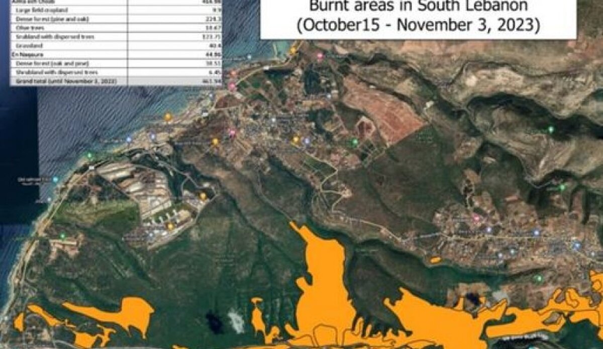 نتایج بررسی‌های وزارت محیط زیست و کشاورزی لبنان با همکاری دانشگاه بلمند در حومه علما الشعب و الناقوره در پی تجاوزات رژیم اسرائیل نشان داد که بمباران با مهمات حاوی فسفر سفید به آتش گرفتن ۴۶۲ هکتار از درختان جنگلی و میوه در بازه زمانی ۱۵ اکتبر تا ۳ نوامبر منجر شده است.