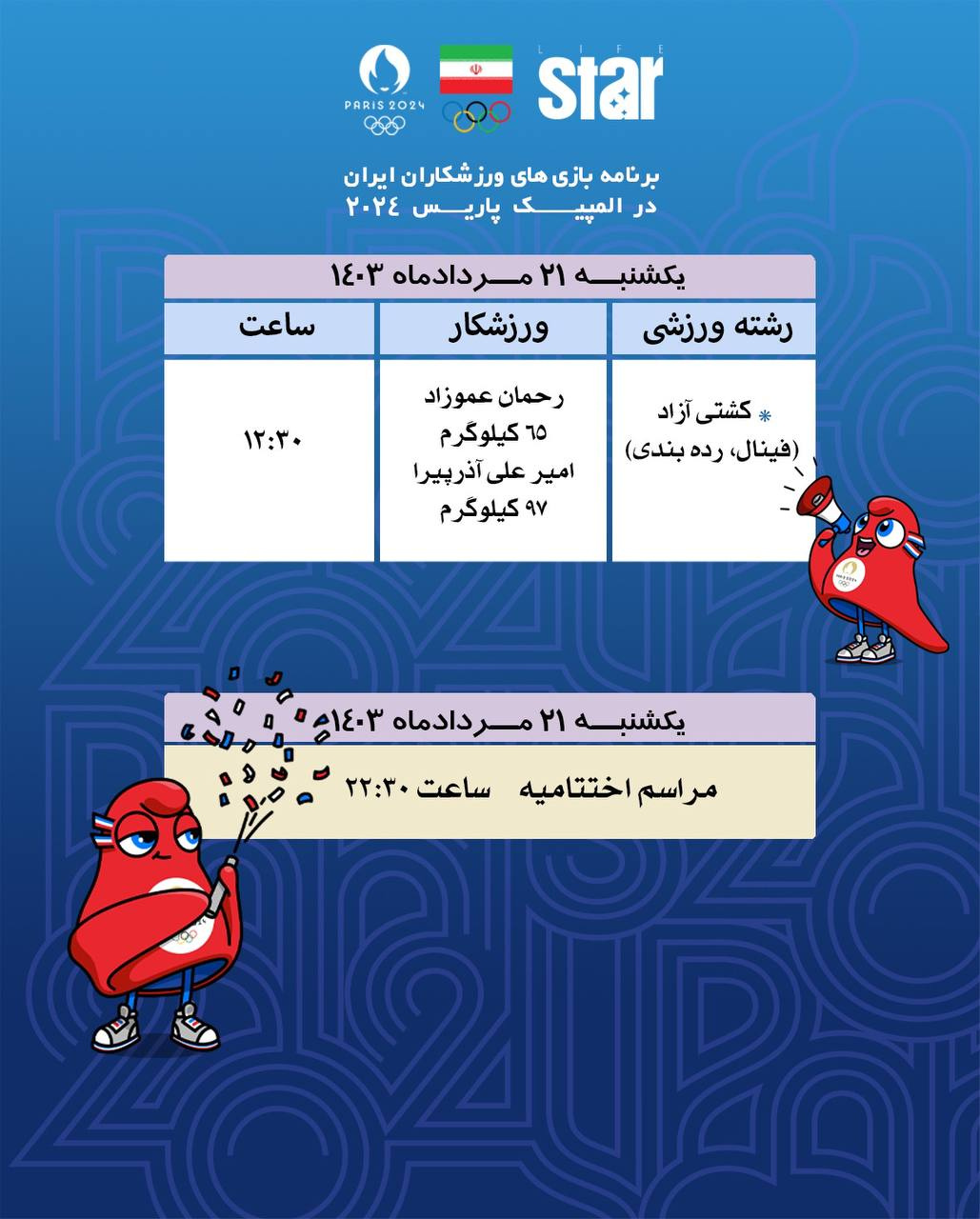 برنامه ورزشکاران ایران در المپیک ۲۰۲۴ برنامه ورزشکاران ایران در المپیک ۲۰۲۴