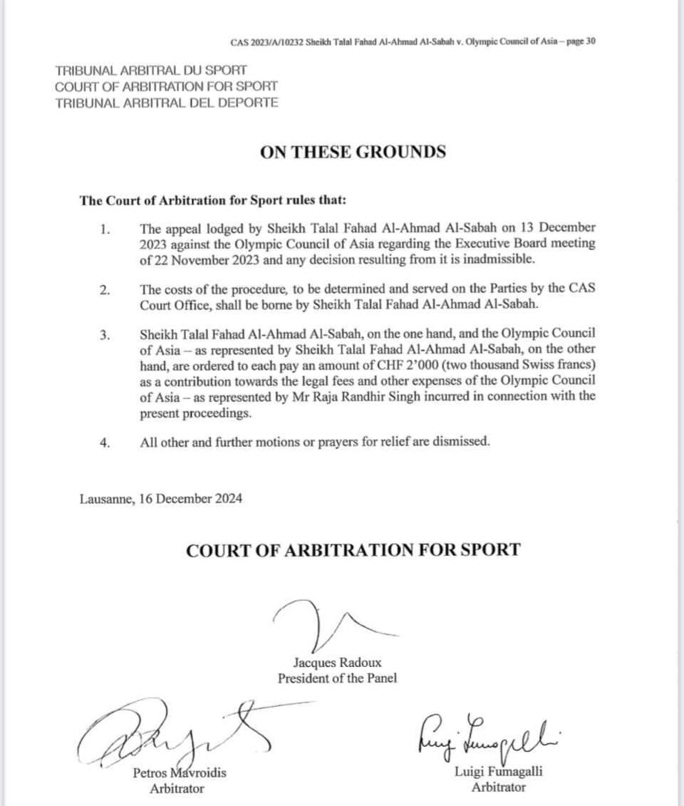 دادگاه حکمیت ورزش CAS اعتراض شیخ طلال به ابطال انتخابات شورای المپیک آسیا را رد کرد دادگاه حکمیت ورزش CAS اعتراض شیخ طلال به ابطال انتخابات شورای المپیک آسیا را رد کرد