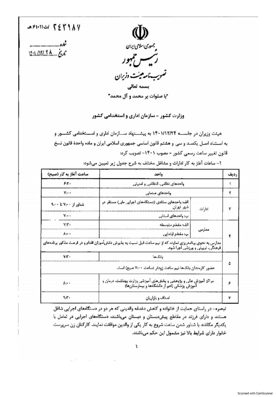 ساعت کاری ادارات از شنبه به روال عادی باز میگردد ساعت کاری ادارات از شنبه به روال عادی باز میگردد