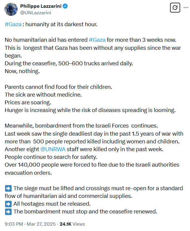 ۳ هفته از ورود آخرین کمک‌ بشردوستانه به غزه می‌گذرد