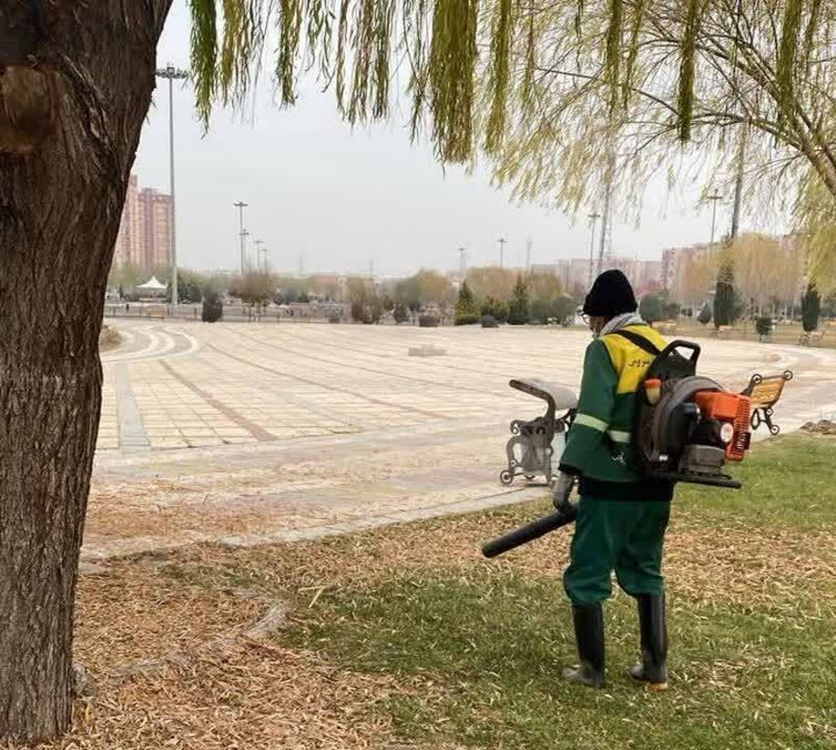 عملیات جمع‌آوری برگ‌های خشک در پارک بهشت با بهره‌گیری از دستگاه دمنده در حال انجام است.