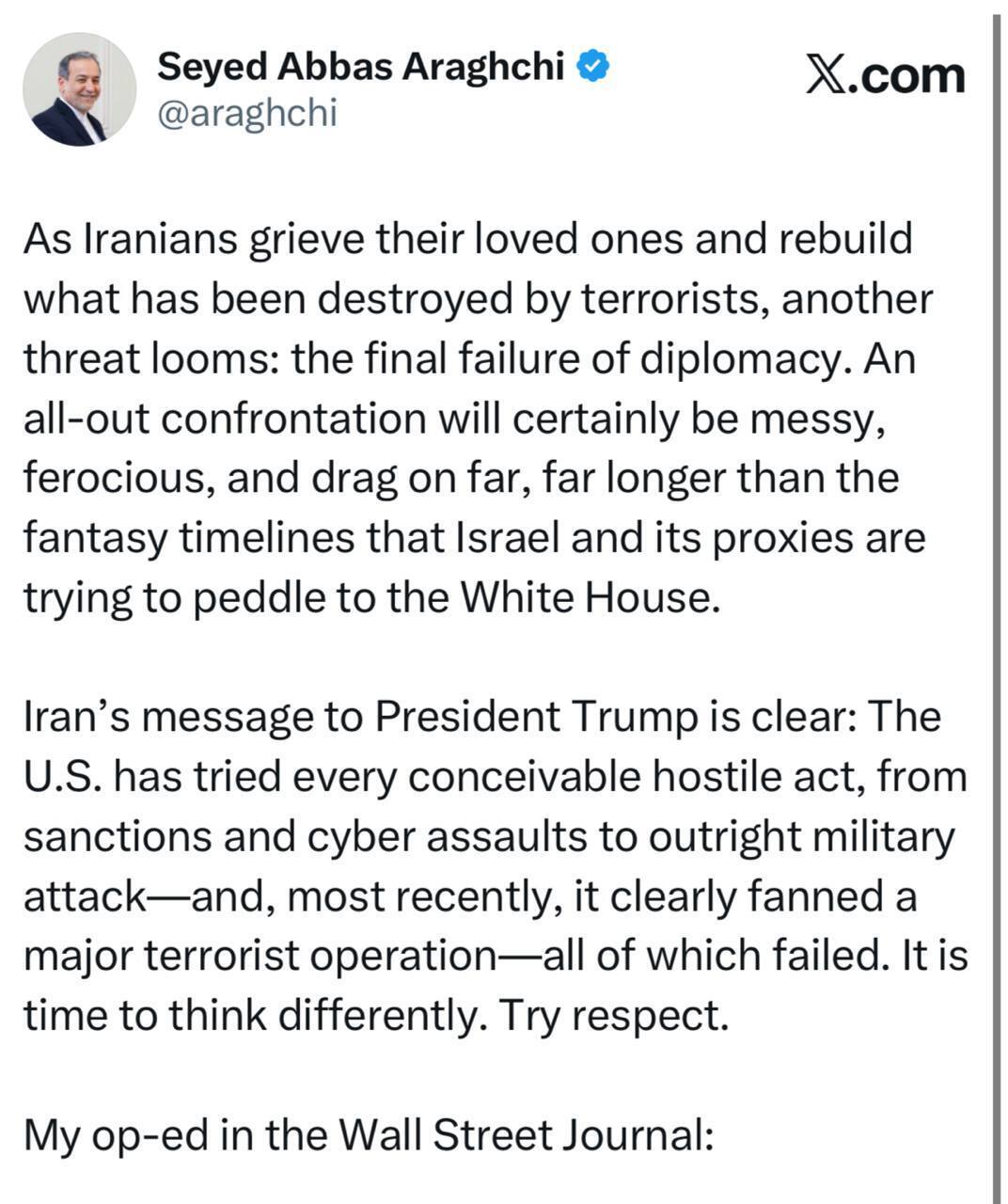 عراقچی خطاب به ترامپ: همه گزینه‌های شما شکست خورده‌اند