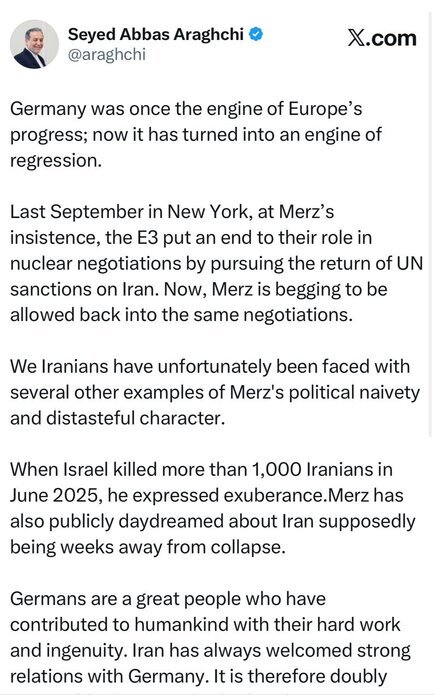 عراقچی: امیدواریم رهبری سیاسی خردمندانه‌تر بار دیگر به آلمان بازگردد