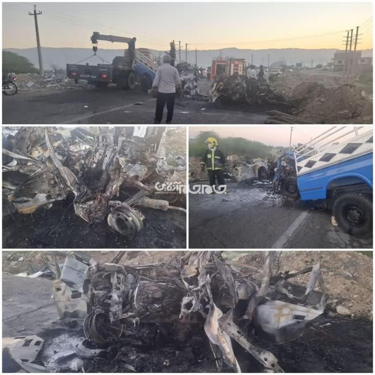 در اين سانحه، يک دستگاه نيسان حامل کپسول‌هاي گاز با يک خودروي پژو به شدت برخورد کرد که به دليل وجود محموله گاز، خودروها دچار انفجار شدند.