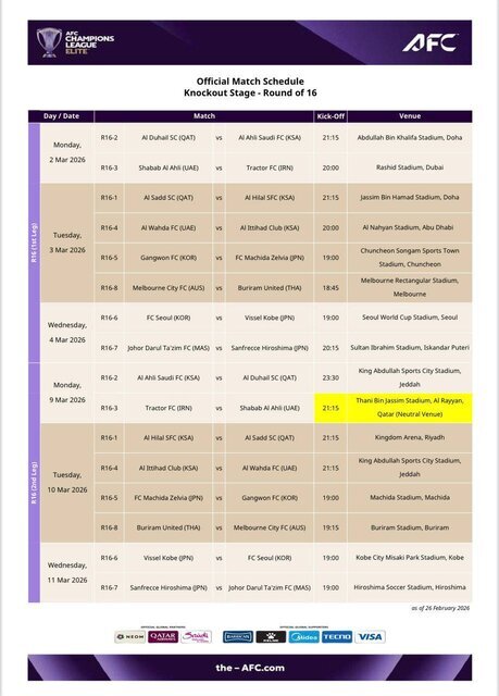 میزبانی تراکتور برابر حریف آسیایی در قطر تایید شد