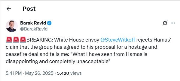 «ویتکاف» موافقت حماس با طرح وی درباره آتش‌ بس غزه را رد کرد