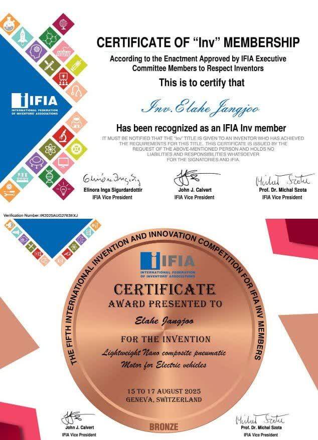 الهه جنگجو، دانشپذیر آکادمی مخترعین مدال برنز مسابقات بینالمللی اختراعات سوئیس ۲۰۲۵ را کسب نمود. الهه جنگجو، دانشپذیر آکادمی مخترعین مدال برنز مسابقات بینالمللی اختراعات سوئیس ۲۰۲۵ را کسب نمود.