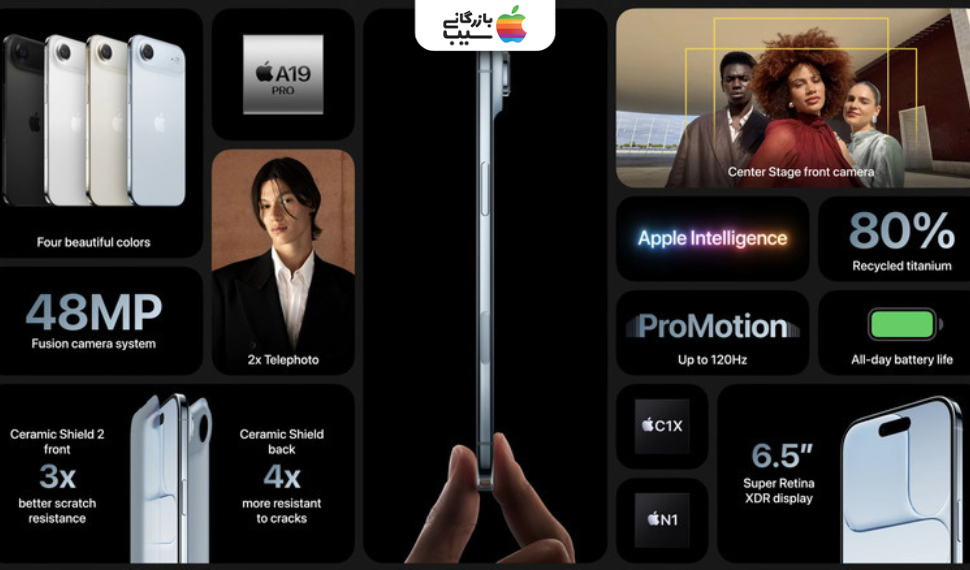 نمای نزدیک از تراشه A19 Pro داخل iPhone Air با ذکر هستههای CPU، GPU و Neural Engine در کنار سیمکشیهای ظریف.