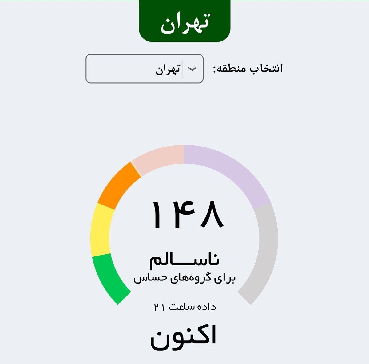 براساس اطلاعات شرکت کنترل کیفیت هوای تهران، وضعیت هوای پایتخت شامگاه یکشنبه ۱۸ آبان ماه روی عدد ۱۵۳ در شرایط قرمز و ناسالم برای همه گروه‌های سنی جامعه قرار دارد.